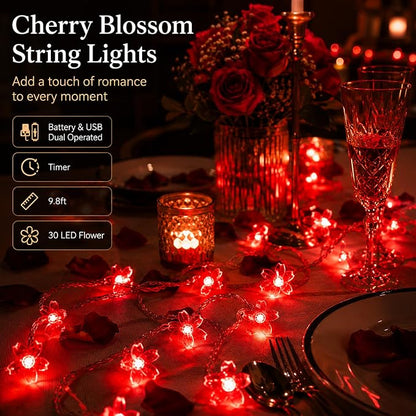 Battery & USB Operated 10ft Red Cherry Blossom Flower Fairy Lights String | Cute Flower String Lights With Timer For Bedroom, Party, Wedding, Christmas, Easter Tree Branch Hanging Romantic Decorations