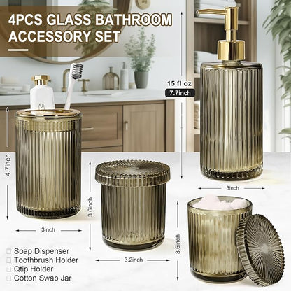 KASUNTING Brown Glass Bathroom Accessories 4 Pcs, Brown Bathroom Set, Soap Dispenser and Toothbrush Holder Set, Qtip Holder Set, Vintage Bathroom Sink Set, Modern Bathroom Decor