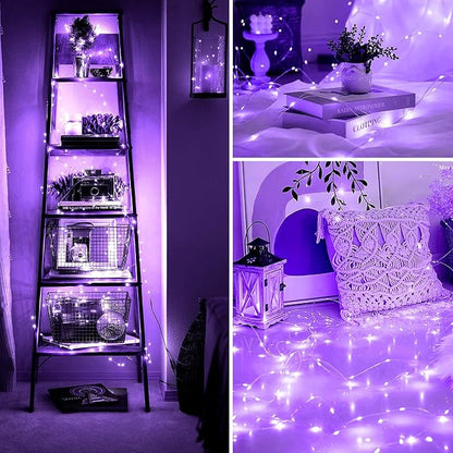 Fairy Lights 66ft 200 LED USB Twinkle String Lights Plug in Silver Wire Lights with Remote and Timer 8 Modes Outdoor Waterproof Starry Lights DIY Party Wedding Christmas Decoration（Purple）