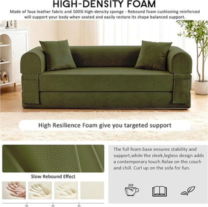 78.5" Convertible Sleeper Sofa Bed, Faux Leather Folding Floor Sofa with Pullout Bed&2 Pillows, No Assembly Modern Boneless Couch Compression Sofa in Box with Storage Pocket for Living Room, Green