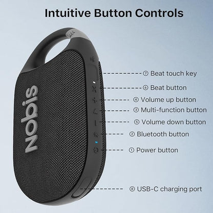 NOBIS Clip N1 Portable Bluetooth Speaker with App, Beat Mode, Up to 24H Playtime, IP68 Waterproof, BT 5.3, HD Sound, Stereo Pairing, Custom EQ, Perfect for Outdoor, Home and Adventure (Black)