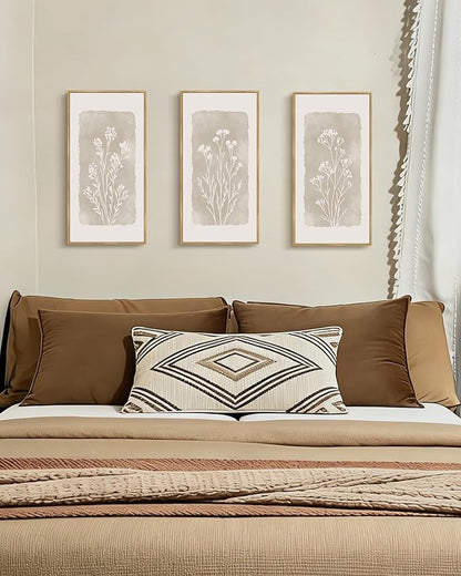 KUVIOKE Vintage Botanical Framed Wall Art White Floral Decor Print Modern Rustic Farmhouse Home Office Kitchen Hallway 8x16in3pcs Natural Framed