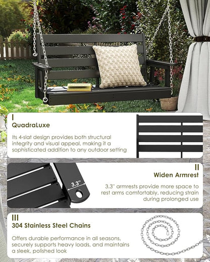 GREENVINES Porch Swing | 51’’ | HDPE Plastic | for Outdoor Patio | All Weather | Waterproof Bench Swings | w/ 4 Stainless Steel Chains | Black