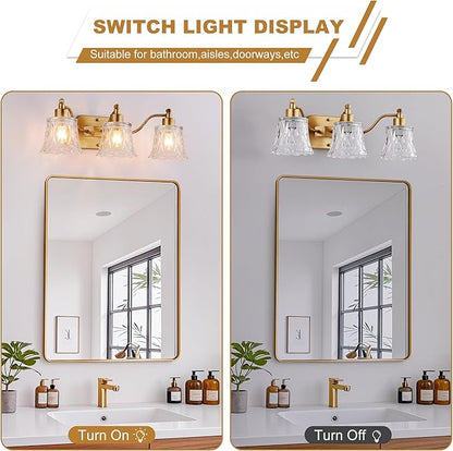 22" Gold Bathroom Light Fixture, 3 Light Brass Vintage Vanity Light, Antique Gold Finish with Crystal Glass Shade, Suit for Bathroom, Bedroom or Hallway