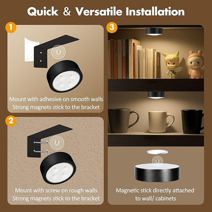 3Pcs Picture Lights for Wall Battery Operated, Magnetic Led Painting Light with Remote Dimmable and Timer, 3 Lighting Modes Art Display Light for Picture Frame, Wireless Wall Decor Puck Lights, Black