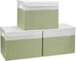 Large 17" 42 Quarts Collapsible Stackable Storage Bins with Lids [3-Pack] Foldable Fabric Linen Storage Boxes Cube, Closet Organizer Baskets with Label for Home (16.7 x 12 x 12", Green & White)