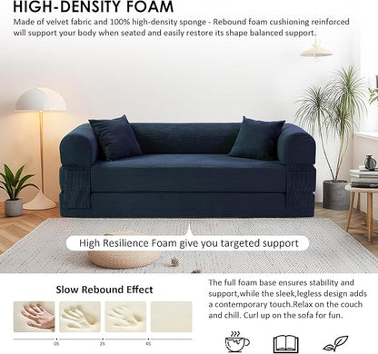 80" Convertible Sofa Bed, Corduroy Deep Seat Folding Pull Out Couch with Pillows, No Assembly Modern Boneless Couch Compression Sofa in Box, Floor Sofa with Storage Pocket for Living Room,Navy Blue