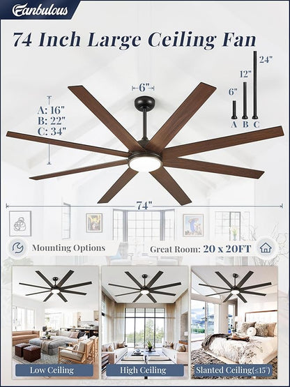 Fanbulous 74 Inch Ceiling Fans with Lights and Remote, Black Indoor/Outdoor Ceiling Fan with Quiet Reversible DC Motor, 6 Speeds, 3CCT, 8 Blades Large Ceiling Fan for Living Room Bedroom Patio