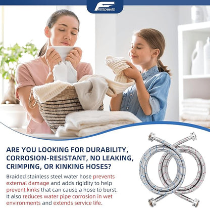 Stainless Steel Washing Machine Hoses 4FT Washer Hoses 3/4" NPT Connection Red and Blue Water Supply Lines by Fetechmate Hot and Cold Washer Hoses (2 Pack) - 10 YEAR WARRANTY