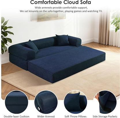 80" Convertible Sofa Bed, Corduroy Deep Seat Folding Pull Out Couch with Pillows, No Assembly Modern Boneless Couch Compression Sofa in Box, Floor Sofa with Storage Pocket for Living Room,Navy Blue