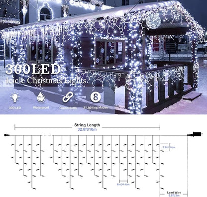 Icicle Lights Outdoor Decorations 300 LED 33ft 8 Modes Curtain Fairy String Light with 50 Drops, LED String Light Indoor for Wedding Party Holiday Christmas Decorations,White