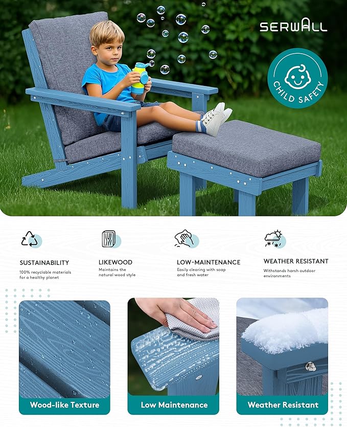 SERWALL Adirondack Chair with Cushion and Ottoman -All Weather HDPE Outdoor Adirondack Chair Set, Durable Adirondack Patio Chairs for Garden, Deck, or Poolside- Blue