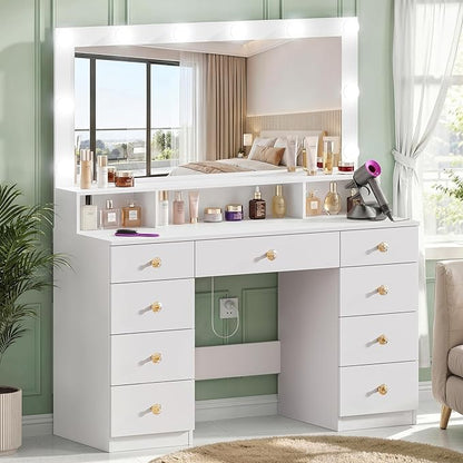 White Vanity Desk with Large Lighted Mirror, Makeup Vanity Desk with Power Outlet, 9 Drawers & Storage Shelf, Women Girls Vanity Dressing Table for Bedroom Bathroom