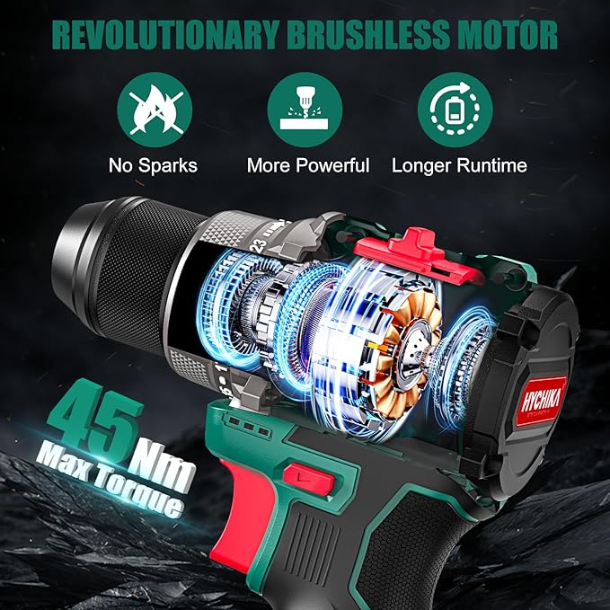 HYCHIKA Drill Set, True Brushless Power Drill Driver 16.8V Cordless Compact Drill Woman Man,410 IN-LB, LED Light,2 Variable Speed 23+1 Torque 3/8" Keyless Chuck, 1 Lithium-Ion Battery
