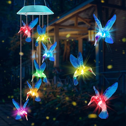 Solar Hummingbird Gift for Mom Grandma Girls, Color Changing Solar Wind Chimes for Outside, Outdoor Decorative Mobile Lights for Garden, Patio, Window, Party Decors, Gift for Women