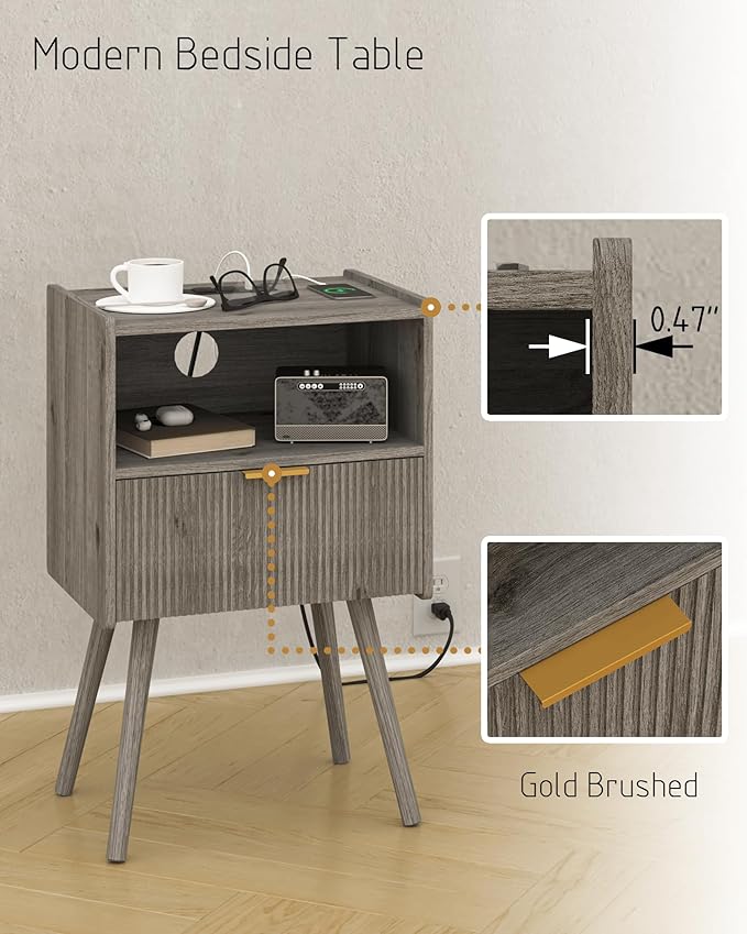Nightstand with Outlet,Modern Bedside Table with Storage Drawer and Open Wood Shelf, for Living Room, Bedroom and Small Spaces, Accent Night Stand with Solid Wood Legs, Easy Assembly,Grey Oak