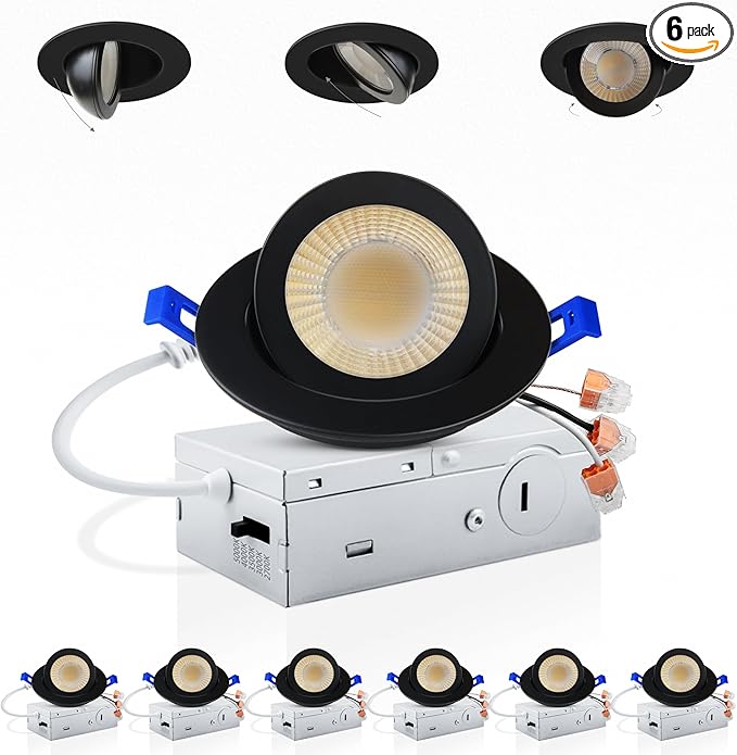 Adetu 3 Inch 5CCT Gimbal Black Led Recessed Lighting with Junction Box, 2700K/3000K/3500K/4000K/5000K, 7W Eqv 80W, 360°+90° Adjustable Led Recessed Lights, 798LM Brightness - ETL (Black, 6 Pack)