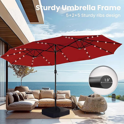 PHI VILLA 15ft Large Patio Umbrellas with 36 LED Solar Lights, Double-Sided Outdoor Market Rectangle Umbrellas, Base (Stand) Included, Dark Red