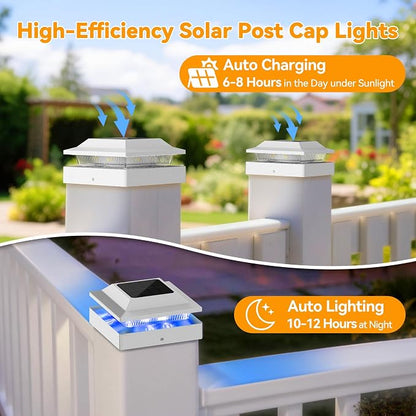 12 Pack Solar Post Cap Lights RGB Color Changing, IP65 Waterproof for 4x4 Wood/Vinyl Posts, Auto On/Off Fence Posts Solars Light for Deck Patio Garden Decoration, White