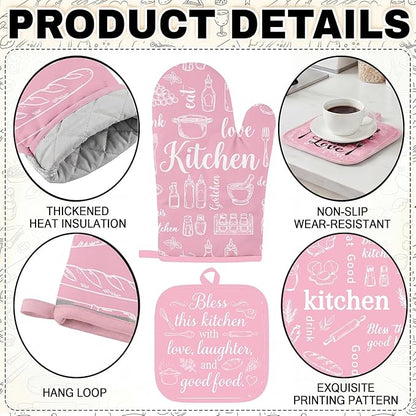 Pink Kitchen Accessories Set 10 Piece - Cute Baking Theme Kitchen Towels, Rugs, Oven Mitts and Pot Holders - Happiness is Homemade Retro Decor Gift for Baker, Mom, Women