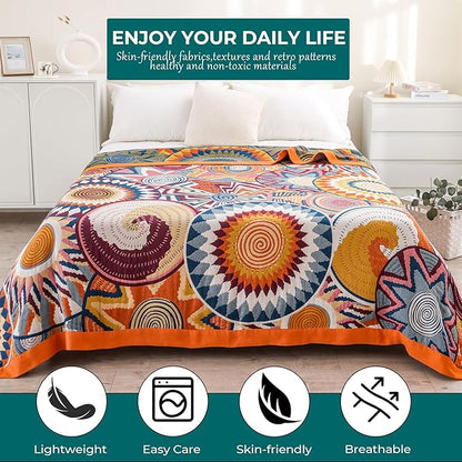 King Throw Blanket for Bed 100% Cotton Boho Oversized Soft Cozy Muslin Quilt Blanket Double Embroider Sun, Vintage Farmhouse Cottage Woven All Season Blankets for Bedding Couch,90"×98"
