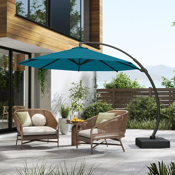 11FT Cantilever Umbrella with Base Large Curvy Outdoor Aluminum Offset Umbrella w/ 360° Rotation, UV Resistant Canopy for Patio, Garden, Backyard, Lake Blue
