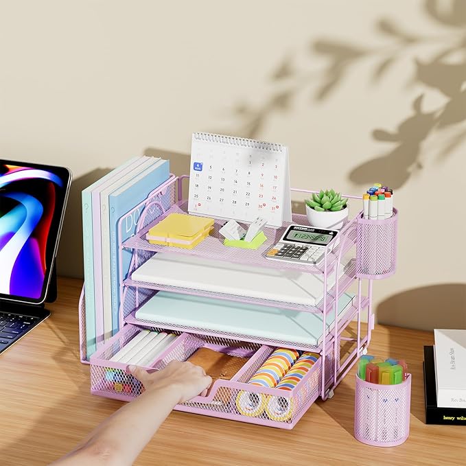 Marbrasse Desk Organizer and Accessories，4-Tier Paper Letter Tray Organizer with File Holder, Workspace Desk Organizers Accessories with Drawer and 2 Pen Holder (Purple, 15.4" x 9.1" x 8.3")