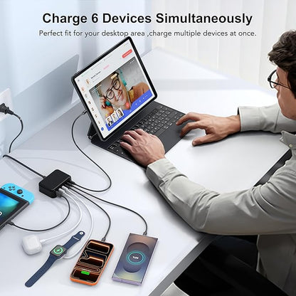 USB C Fast Charger, 100W GaN 6 Port Type C Charging Station Hub Block Cube, USB C Wall Charger Power Strip Adapter Plug for iPad iPhone 17 16 15 14 13 12 Pro Max Pixel Note Galaxy, 5ft Cord