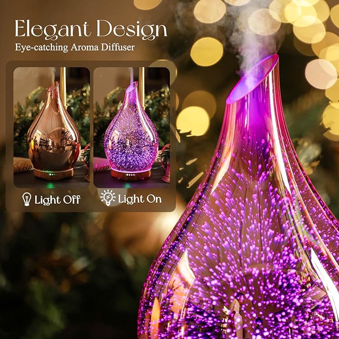Porseme 280ml Essential Oil Diffuser, 3D Glass Aromatherapy Diffusor, Ultrasonic Cool Mist BPA Free Aroma Humidifier with Timer and Color Changing Function, Waterless Shut-Off for Home Office Room