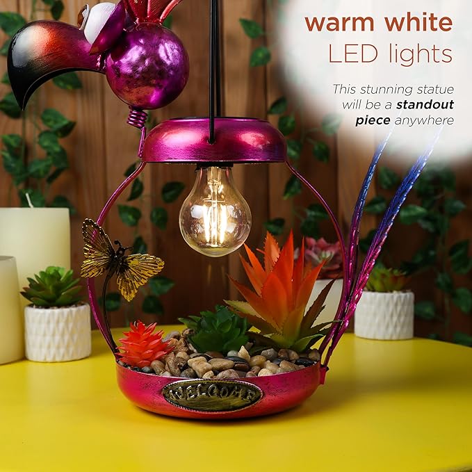 Alpine Corporation LYT288SLR-HH Solar-Powered Metal Flamingo w/Garden Enclosed LED Light, Solar Patio Décor, 16''H, Pink