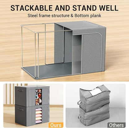 Clothes Storage Bins with Metal Frame, Foldable Clothes Organizers Storage Containers for Clothes, Sheets, Blankets, Pillows and Towels (24L, 3 Pack, Deep Grey)