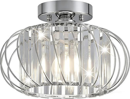 Semi Flush Mount Crystal Ceiling Light, Metal Cage Hallway Ceiling Lamps, Farmhouse Ceiling Light Fixture, Industrial Crystal Chandelier for Corridor Bathroom Kitchen (1, Chrome, 11 Inch)