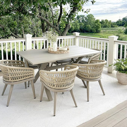 PURPLE LEAF 7 Pieces Outdoor Dining Set All-Weather PE Rattan Outdoor Patio Rurniture Set with All Aluminum Frame Rectangular Table and Chairs Set for Lawn Garden Backyard Deck, Champagne