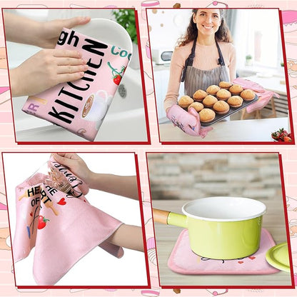 Fourluoo 10 Pcs Cuisine Pink Kitchen Decor and Accessories Set Pink Kitchen Towels Rugs Pot Holders Oven Mitts for Chef Cooking Baking Mom Housewarming Gifts