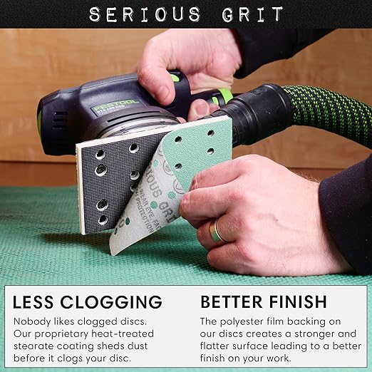 Serious Grit - 3" x 5" (80mm x 133mm) 14-Hole 150 Grit Sanding Sheets - Fits Festool RTS 400 & Mirka Deos 353 - Heavy-Duty Hook & Loop Film Abrasives - Sandpaper for Sheet Sanders - 50 Pack Box