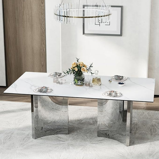 Asday 78-Inch Sintered Stone Rectangular Dining Table, Large Kitchen Table with Chrome Triangle Stainless Steel Double Pedestal for Living Room, Kitchen, Dining Room, White and Silver