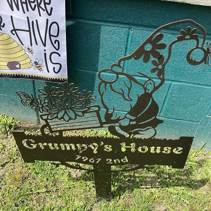 RealSteel Garden Gnome Monogram Yard Sign - Customizable Metal Sign with Gnome & Wheelbarrow Design - Personalized Name & Text (Penny Vein, 23" x 35")