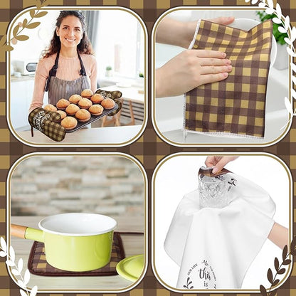 Fourluoo 10 Pcs Kitchen Set Kitchen Towels and Rugs Oven Mitts and Pot Holders Farmhouse Decor for Women Mom Gift Cooking Baking Grilling (Brown White)