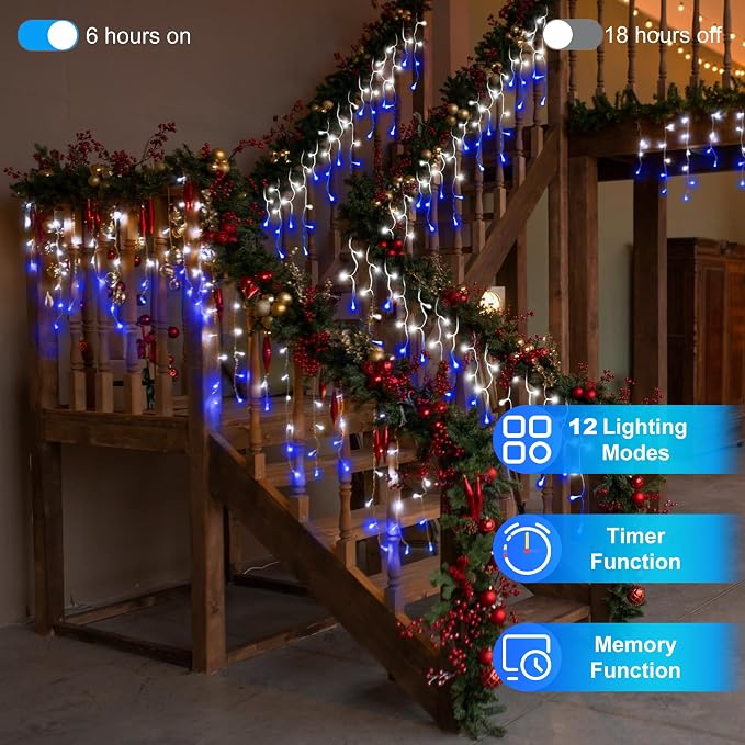 810LED 82FT Christmas Lights, 180Drops 12 Modes Christmas String Lights Outdoor Brightness, Waterproof Christmas Decoration Fairy Lights with Timer Memory for Party Patio Window Fence Blue & CoolWhite