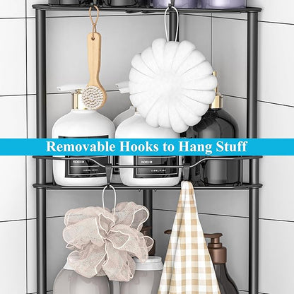 HuggieGems 3 Tier Floor Standing Corner Shower Caddy Organizer Shelf with Hooks, Bathroom Shelves Stand Rack, Matt Black