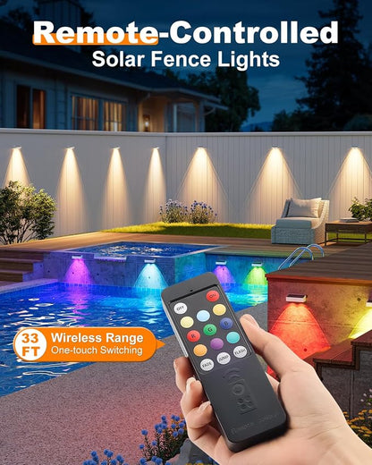 VOLISUN Solar Fence Lights with Remote Control, 50 Lumen LED Fence Lights Solar Powered, IP65 Waterproof, 10 RGB Color Long-Lasting Solar Lights for Backyard Garden Deck Patio Railing (12 Pack)