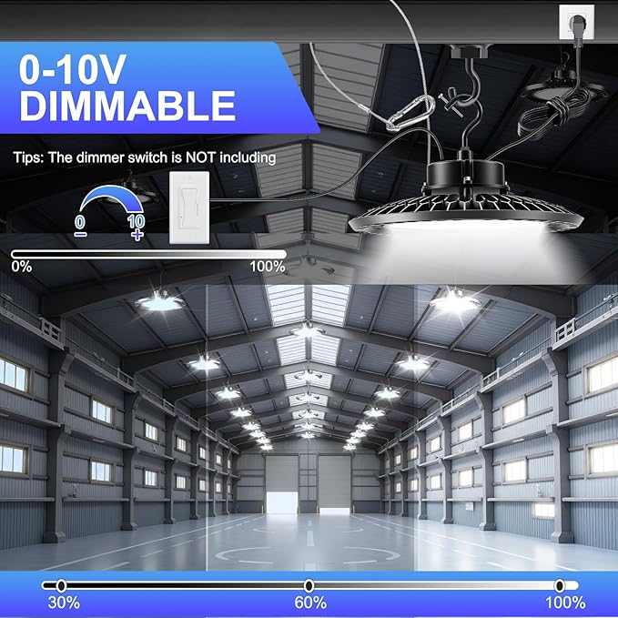UFO LED High Bay Light 300W 4PACK 5000K High Bay LED Shop Lights 45000LM 0-10V Dimmable 1200W HID/HPS Replacement with 5' US Plug IP65 Hanging Hook UFO Lights for Shop Warehouse Garage Workshop
