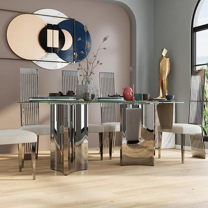 Asday Glass Dining Table, 70 inch Rectangular Dining Room Table, Double Pedestal Dining Table with Clear Tempered Glass Top and Mirrored Silver Trestle Base
