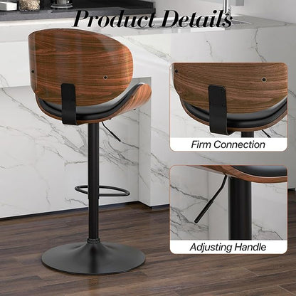 Adjustable Swivel Bar Stools Set of 3, Modern Bentwood Barstool with Large Metal Base and Footrest, PU Leather Upholstered Bar Chair with Curved Back for Kitchen Island Dining Room, Black