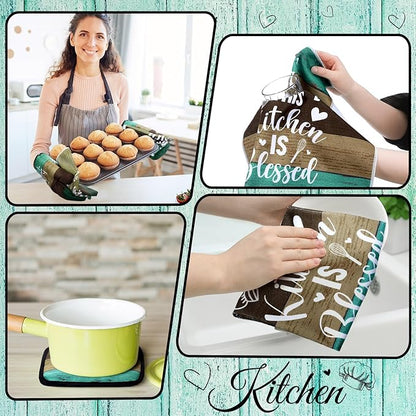 Fourluoo 10 Pcs Farmhouse Kitchen Decor and Accessories Set 4 Kitchen Towels 2 Pot Holders 2 Oven Mitts 2 Rugs for Cooking Baking Mom Housewarming Gifts(Green,Classic Style)