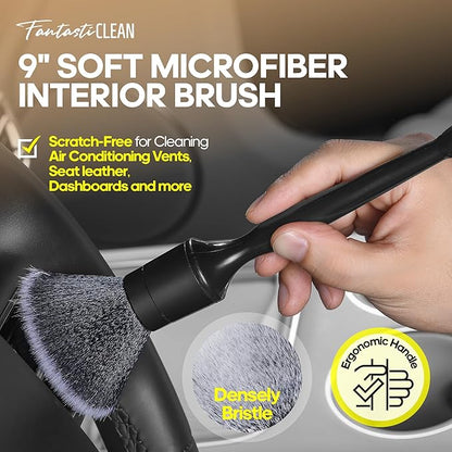 Fantasticlean 9PC Car Detailing Kit，Boars Hair Brush，Horse Hair Bristle，Suede-Coral Cloth，Car Dust Brush，Microfiber Towel & Applicator，Scratch-Free & Ultra-Soft for Leather, Seats & Interior Cleaning