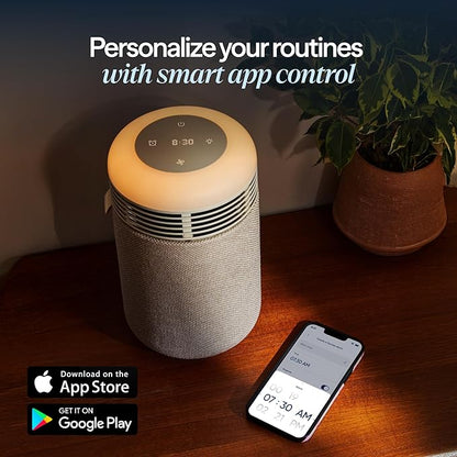 BLUEAIR Purifier for Bedroom - Mini Restful - Sunrise Clock with HEPASilent Filtration and Wake Up Light - Cleans Air and Supports Circadian Rhythm - USB-C and App Connectivity, Beige