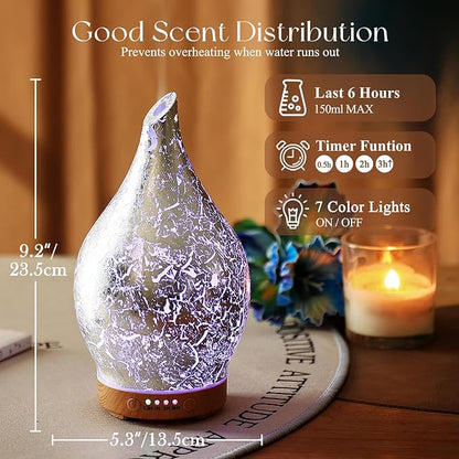 Porseme Essential Oil Diffuser Glass Aromatherapy Ultrasonic Humidifier, Air Refresh Auto Shut-Off, Timer Setting, BPA Free for Home Hotel Yoga Leisure SPA Gift 150ml Last 6H