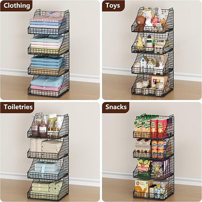 4-Pack Stackable Wire Baskets for Closet Organizers and Storage, Open Storage Bins for Clothes, Toys, and Snacks - Rustic Metal Closet Organizer and Shelves in Black
