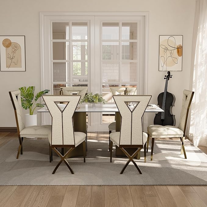 Modern Dining Table for 6, White Sintered Stone Dining Table Top with Brushed Bronze Stainless Steel Base, 70 inch Rectangle Dining Room Table for Home Restaurant (Only Table)